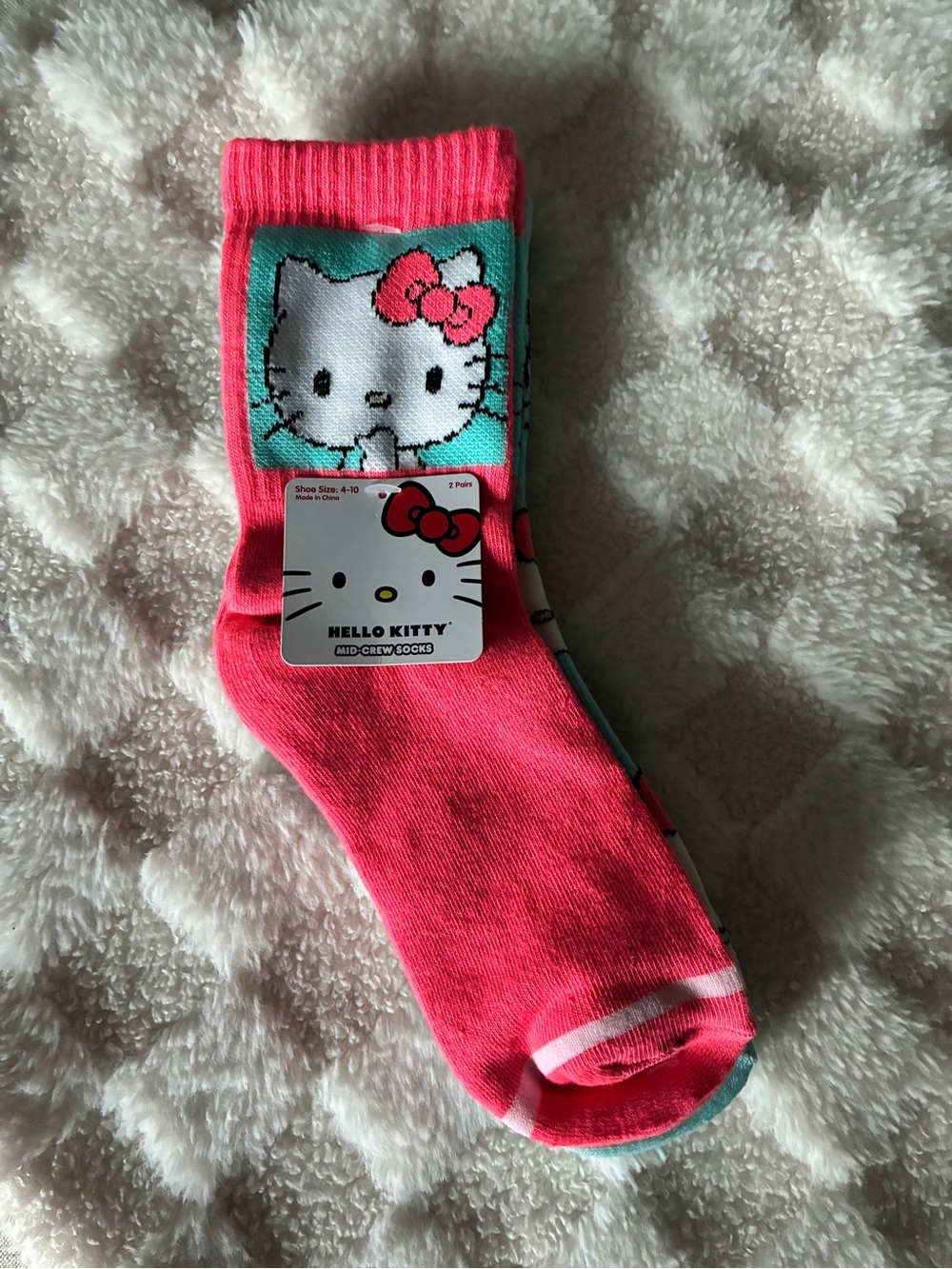 BTC Hello Kitty Pink/Coral and Teal Women’s Mid Crew Socks, 2 Pack, Sz 4-10 NEW